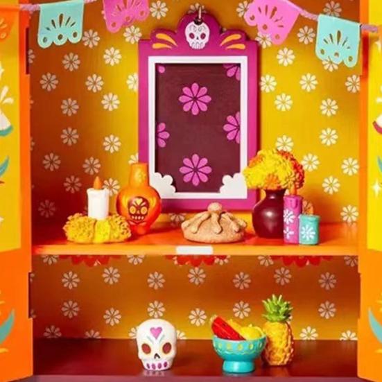 Мини-деревянный алтарь День мертвых Алтарная коробка с рамкой для фотографий с памятью Мексиканский узор Мини-алтарь для домашнего украшения стола