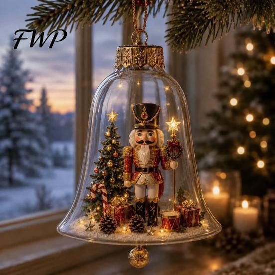 Clear Acrylic Christmas Ornaments 3D Bell Ornament, Winter Scene Decoration with Santa Immersive Wonderland Snowman Reindeer Angel Tree Inside