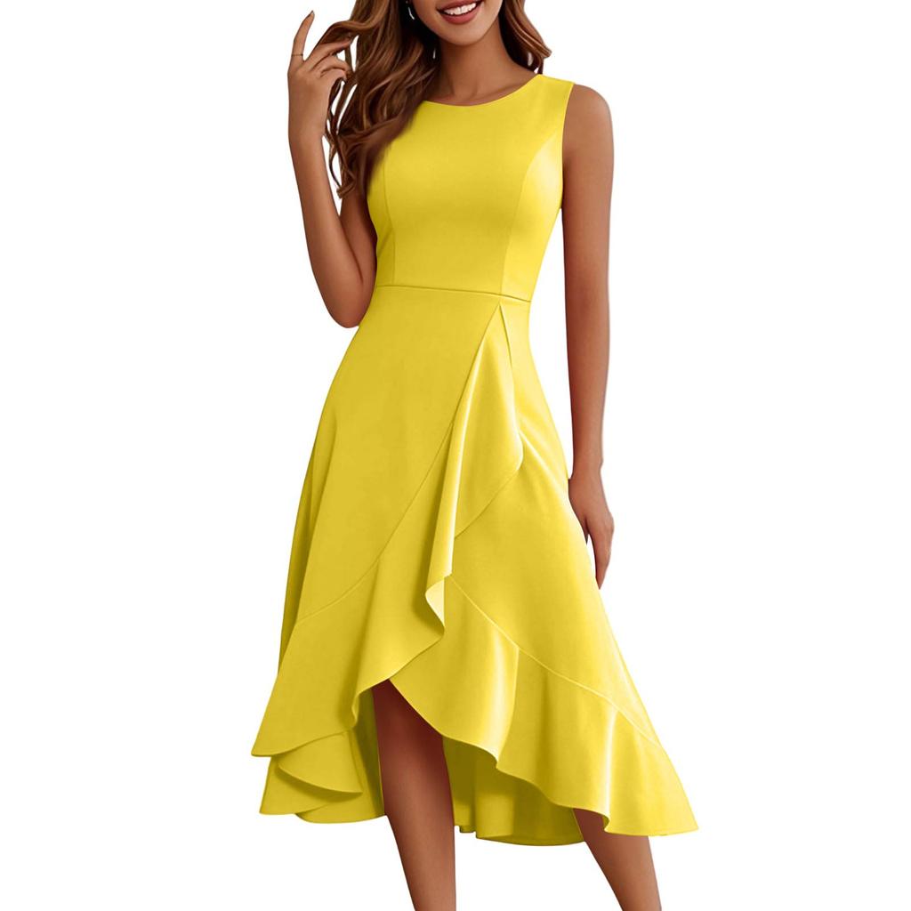 Женское модное повседневное платье без рукавов с круглым вырезом, однотонное, элегантное, темпераментное, с оборками, платья