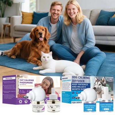 Диффузор для успокоения питомцев, 3 в 1 феромоны для питомцев, расслабляющие феромоны для облегчения стресса и тревоги у питомцев, уменьшения агрессии и лая, 1 диффузор 2 сменных блока(48 мл*2)