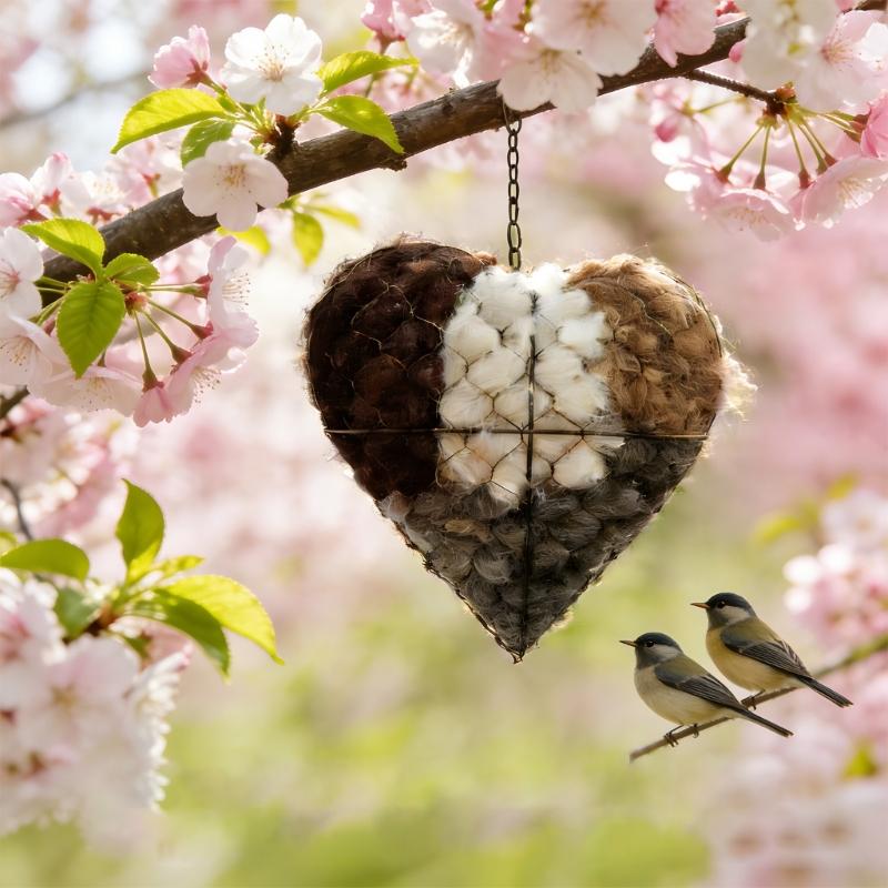 Iron Heart Shape Handmade Bird Nesting Heart Refillable Garden Yard Art Decoration Natural Nesting Fibers for Wild Birds