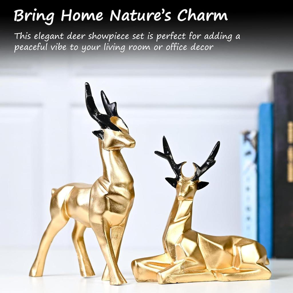 Набор из 2 смоляных скульптур оленей Хиран для домашнего и офисного декора в стиле природы, идеально подходит для любителей природы, прекрасный подарок для друзей и семьи (Золото)