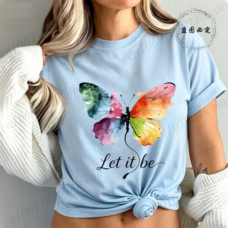 Футболка High Street Let It Be с принтом радужной бабочки Модная футболка Женская футболка с акварельной бабочкой Летние брендовые топы