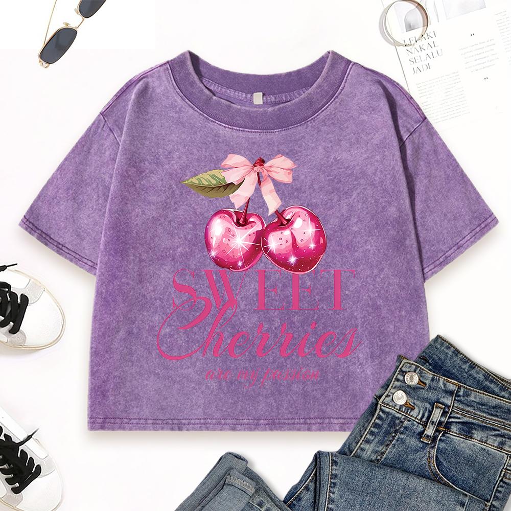 Sweet Cherry Are My Passion Print Women Washed T-Shirts Summer O-Neck Tee Shirt Cotton Casual Clothes Slim Top