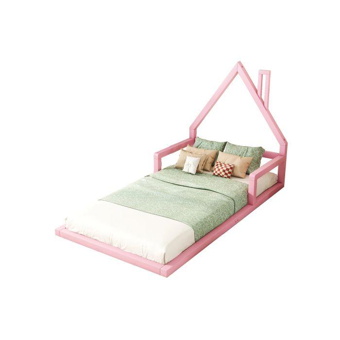 Lit d'enfant - MUVOE - 90x200cm - Pin massif - Forme maison - Rose