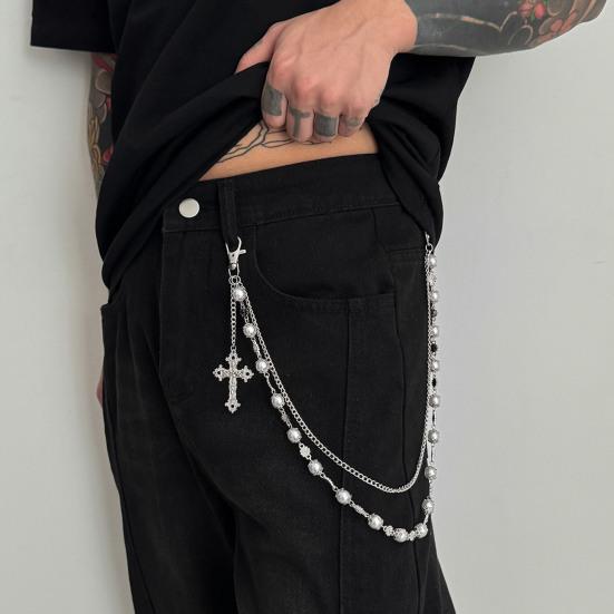 Pants Chain Faux Pearls Metal Flower Decor Wallet Chain Multi-layered Design Hip-hop Style Wallet Chain Wearable Art Accessory