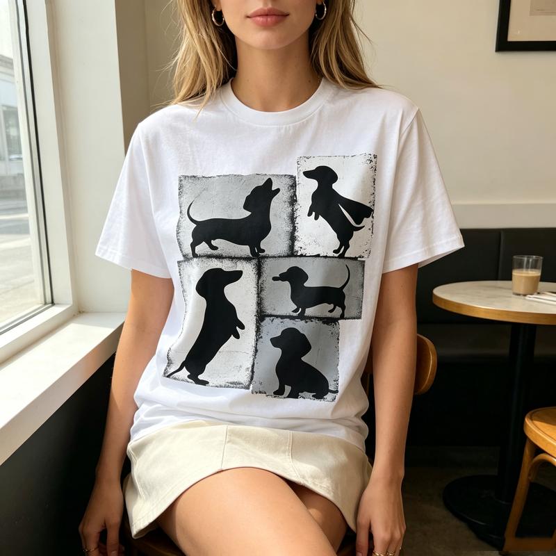 Vintage Dachshund Silhouette Tee Unisex Black White Dog Art Casual Short Sleeve Shirt for Daily Wear Cotton Y2k Top Harajuku