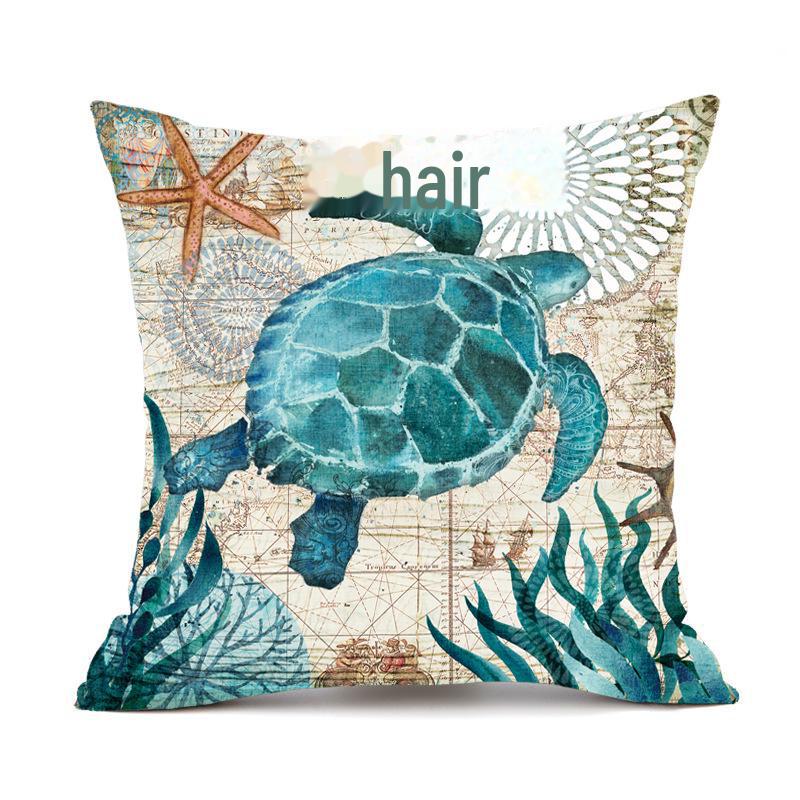 Чехол на подушку с изображением морской жизни: Наволочка с рисунком черепахи, морского конька, кита и осьминога.