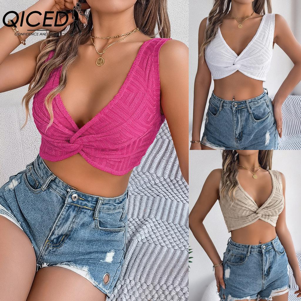 QICED Spring Summer Solid-color Knotted Crop Top for Vacation Women's Wear