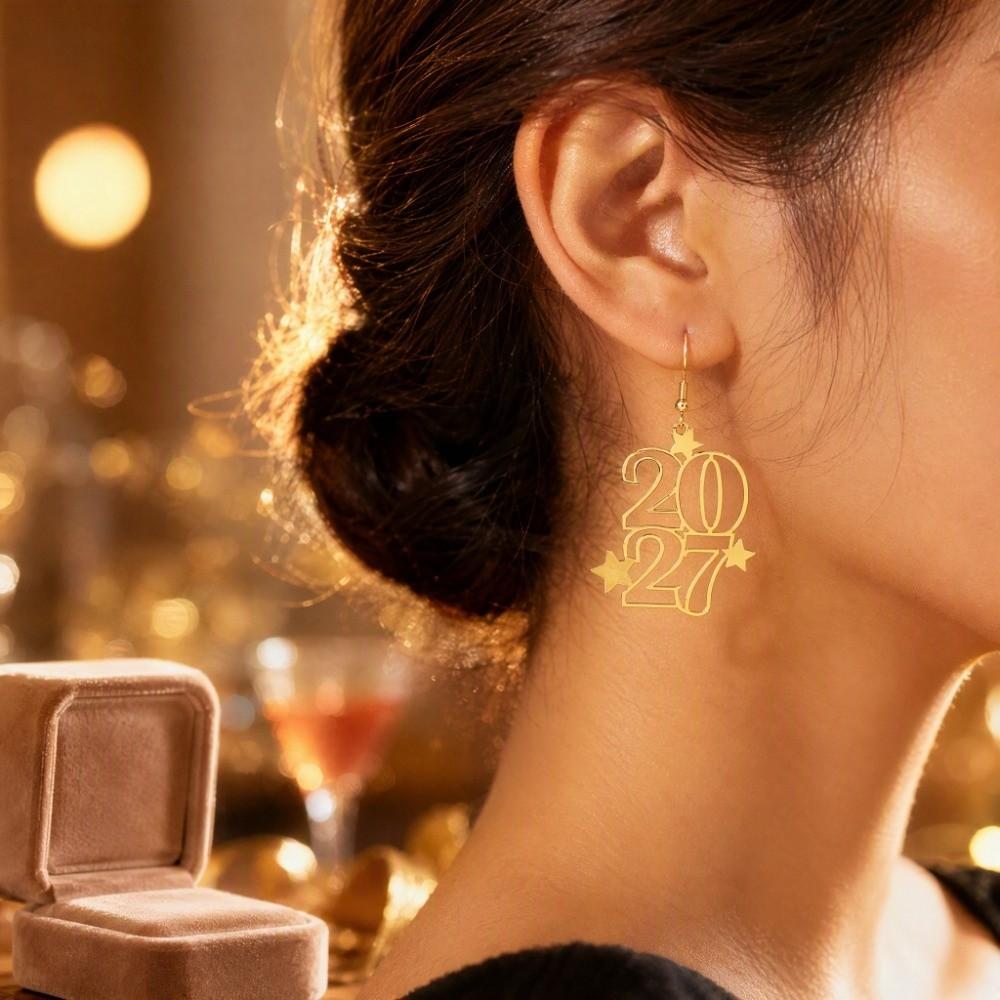 Hollowed-out Fashion Happy New Year Earrings Long Drop Stud Earrings 2027 Digital Earrings Daily