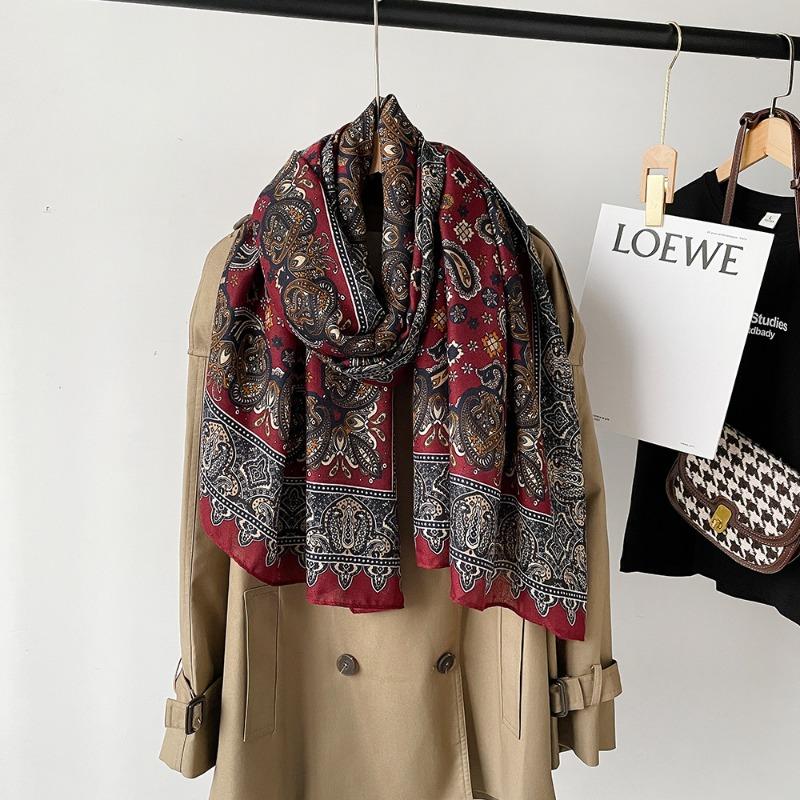 New Cotton and Linen Scarf Women's Autumn High-end Feeling Belt Buckle Printed Silk Scarf Angola Red Shawl