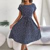Spring Summer Women Short Sleeve Floral Pleated High Waist A Line Long Dress S-XL