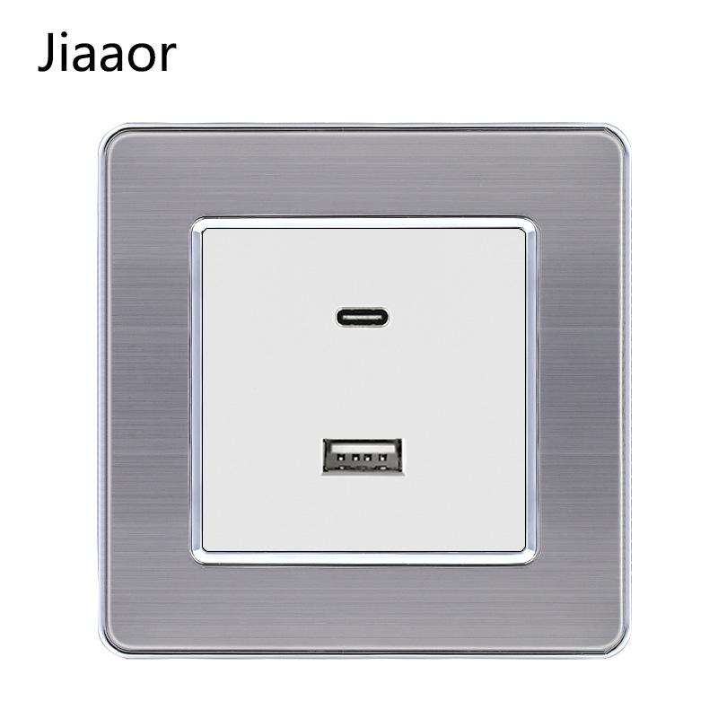Европейский стандарт 86 тип Панель из нержавеющей стали для двойного выключателя и розетки с USB-C, Немецкий стиль, Встраиваемый настенный монтаж.