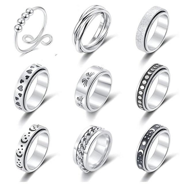 Spinning Spinner Ring For Men Women Anxiety Fidget Rings Stainless Steel Moon Star Roman Numerals Chain Rotating Ring