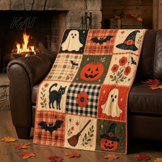 Decorative Throw for Living Room Halloween Patchwork Blanket, 90s Vintage Plaid Tapestry with Ghost Pumpkin Bat, Cozy Retro Decor Woven Cover