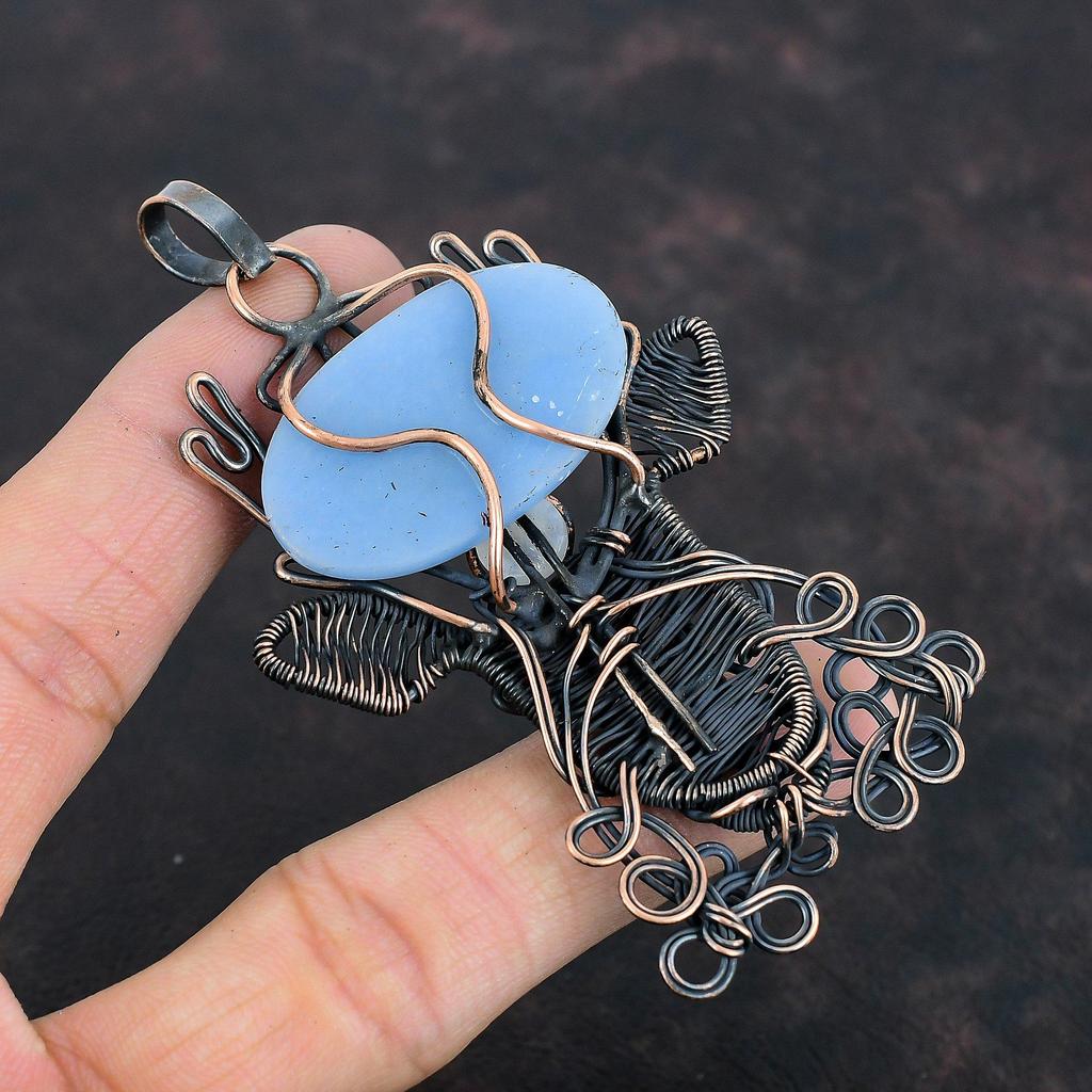 Angelite Copper Pendant Wire Wrapped Jewelry Rainbow Moonstone Gemstone Pendant Wire Wrap Deer Face Pendant Handmade Copper Jewelry For Gift