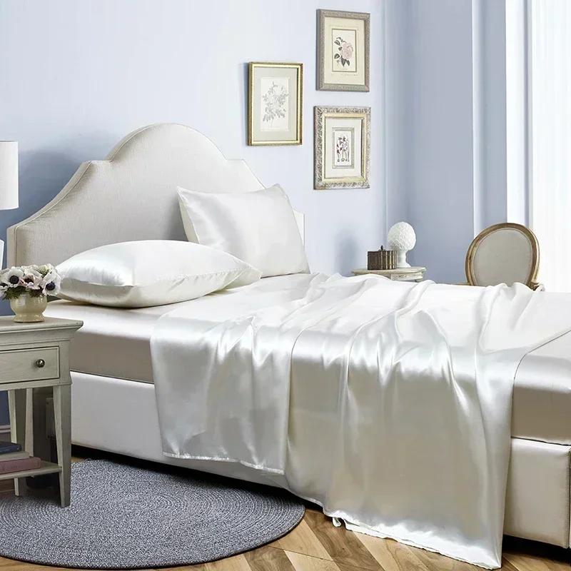 Luxury Satin Fabric Queen Size Bed Sheets Set King High Quality Fitted Sheet Flat Sheet Pillowcase Solid Bed Set Bedsheet Sets