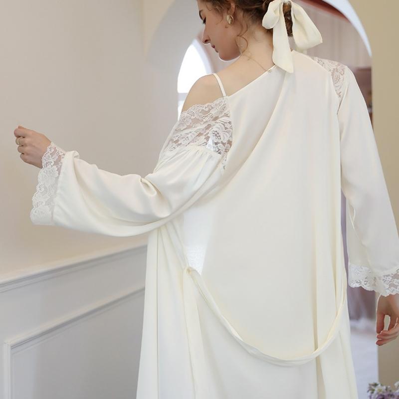 Пижама из ледяной шелковой ленты, женская ночная рубашка на слинге, двухсекционная ночная рубашка во французском дворцовом стиле, домашняя осень, корейский шикарный винтажный элегантный повседневный костюм