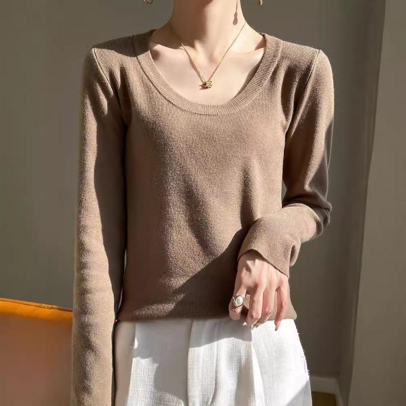 Модная осенне-зимняя базовая рубашка, женский облегающий шерстяной вязаный свитер с U-образным вырезом, большим вырезом, открывающим ключицы, свитер с низким вырезом