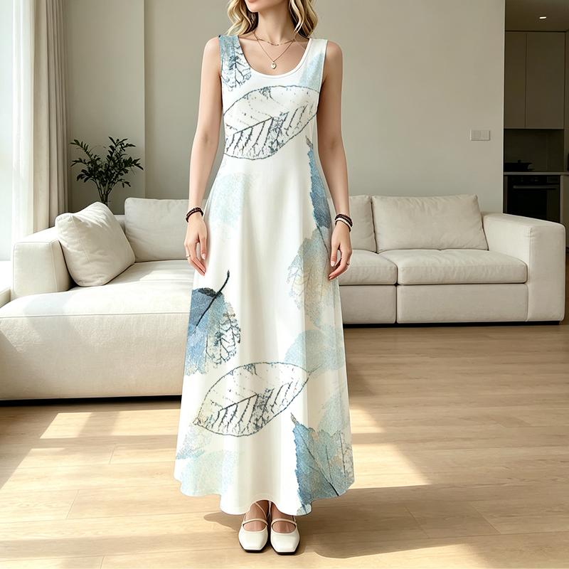 Women's Sleeveless Leaf Print Maxi Dress Summer Beach & Daily Commute,Loose Lightweight & Breathable,Versatile for Vacation & Casual Outings