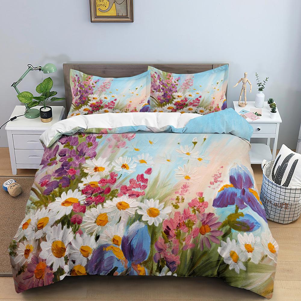 Comforter Watercolor Flowers King Queen Colorful Blooming Floral Bedding Set For Teen Adult Plant 2/3Pcs Polyester