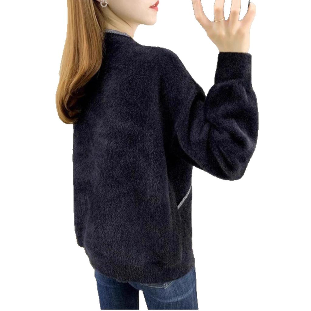Autumn and winter solid color knitted women's imitation mink fleece cardigan sweater women's new thickened loose coat top