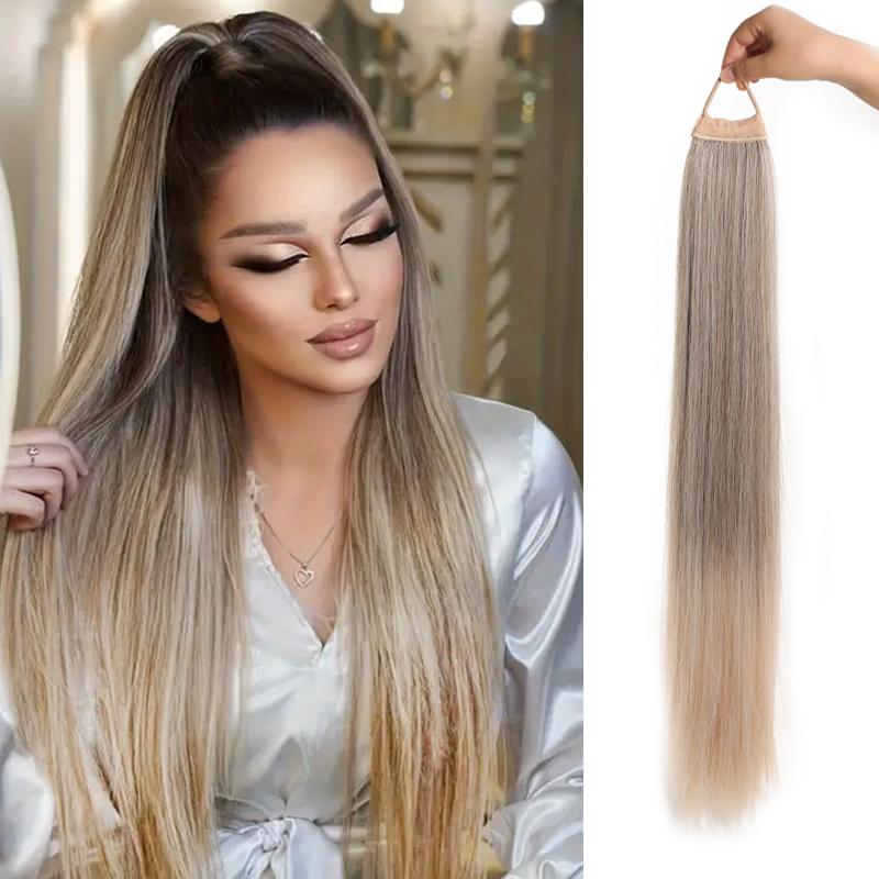 Long Straight Ponytail Wig with Rubber Bands, Soft and Heat-resistant Synthetic Wig Suitable for Women's Daily Use As a Ponytail Accessory