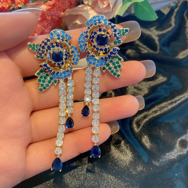 Роскошные серьги из серебра 925 пробы с иглами, новинка 2022 года, цветные серьги с фианитами, голубая роза, серьги с кисточками для женщин, модные элегантные ювелирные изделия, вечерние серьги