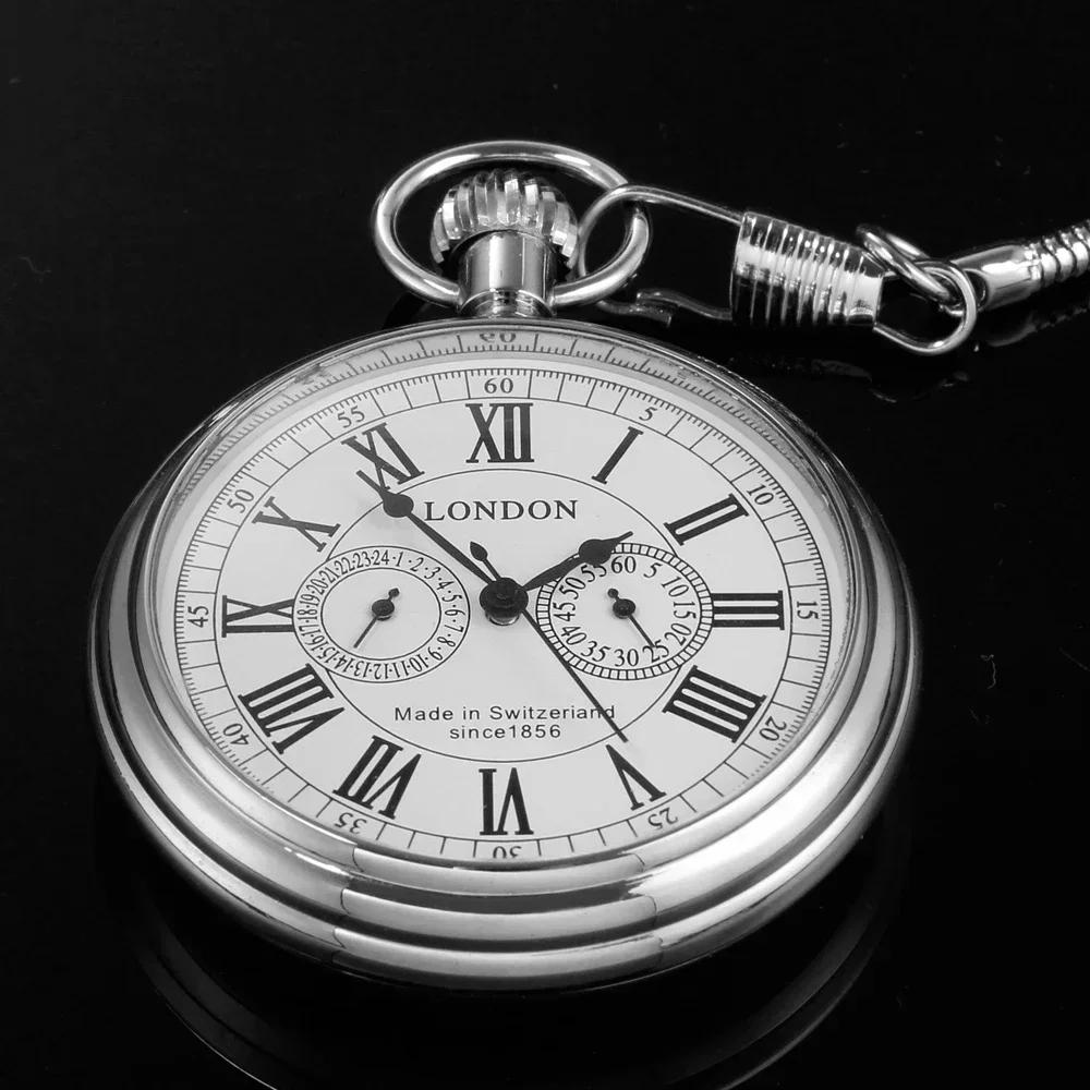 London Double Subdial Hand-Wound Chain Mechanical Pocket Watch Men's Roman Silver Necklace Pendant Clock Gift Vintage Accessory