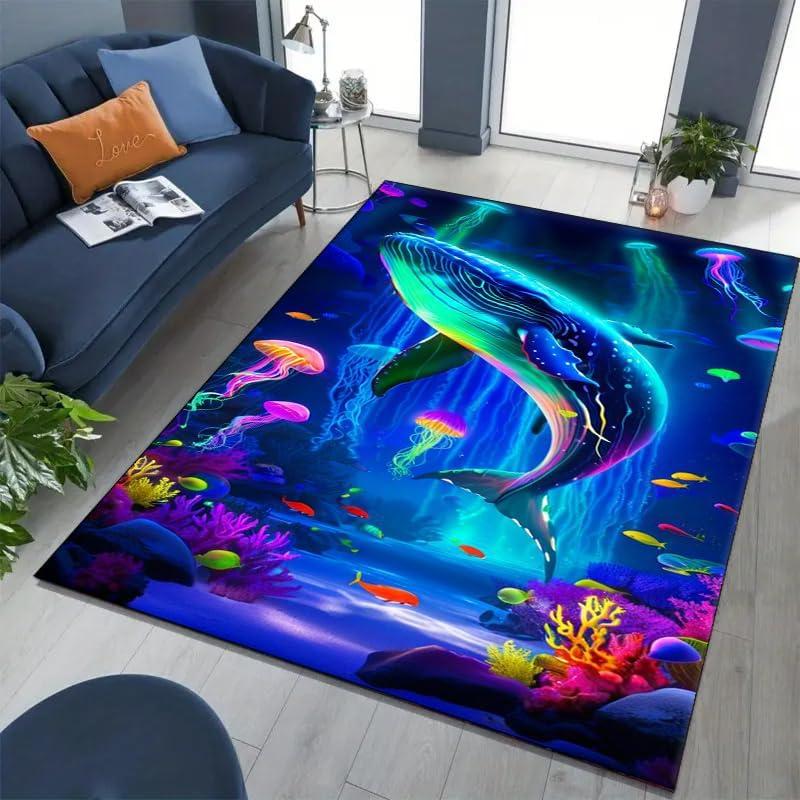 3D Shark Coral Reef Ocean Area Rug for Playroom Vivid Underwater Carpet Print Kids Friendly Soft Floor Mat
