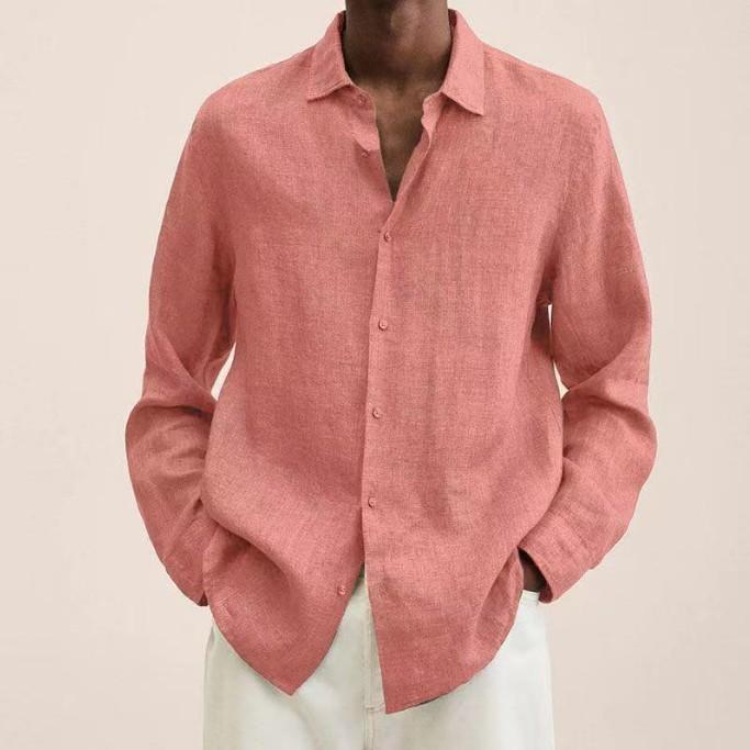 Autumn Long-sleeved V-neck Loose Button Cotton Linen Shirt Shirt Men's Fashion Casual Blouse Solid Colour Shirt