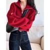 Women's Half-High Collar Zipper Red Knit Sweater - Short, Loose, High Waist, Thickened for Autumn/Winter.