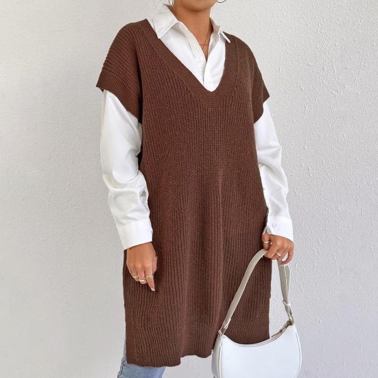 Женский свитер-жилет с V-образным вырезом, без рукавов, однотонный, вязаный, свободного кроя, с боковыми разрезами, повседневный свитер-жилет