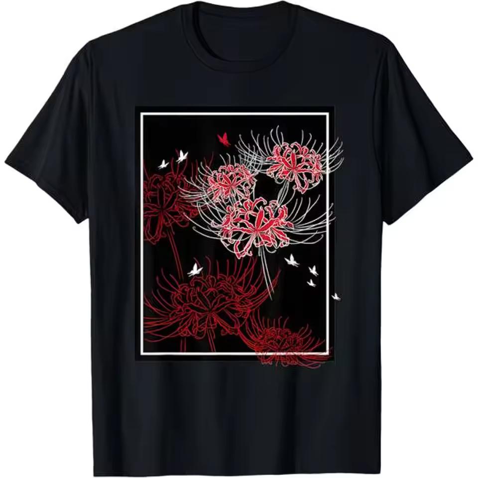 Novelty Men'S Red Spider Lily with Butterfly Japanese Anime Aesthetic T Shirt Tee Streetwear Oversized Vintage Harajuku Hip Hop