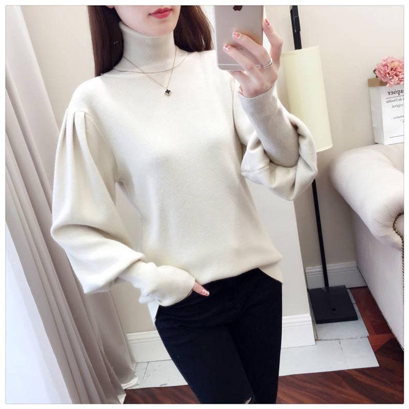 Женский пуловер с высоким воротником, свитер, теплый зимний свободный вязаный джемпер с рукавами-фонариками больших размеров