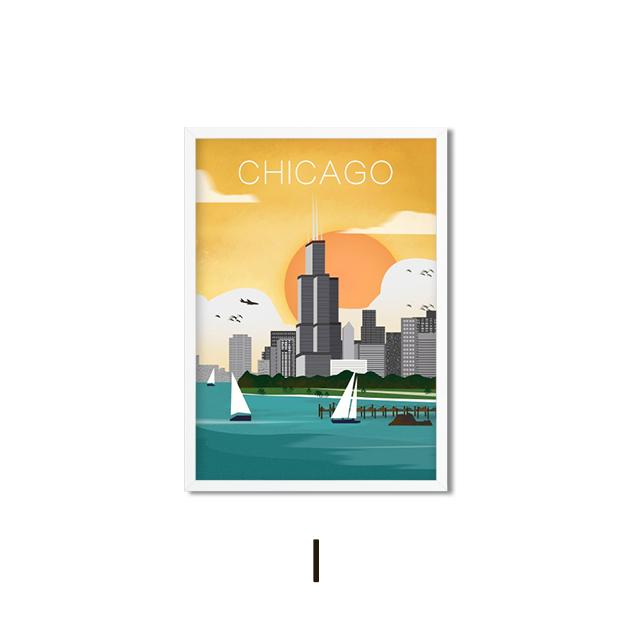 Cartoon Port Travel City Poster Paris Chicago London Landscape Canvas Painting Anime Illustration Wall Art Pictures Home Decor No Frame