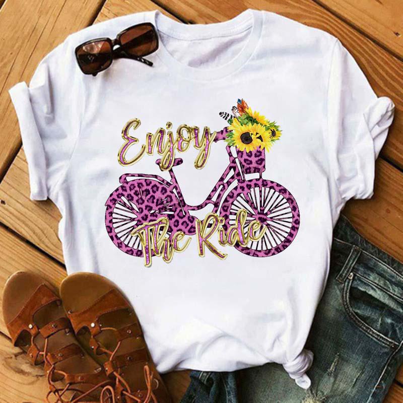 Funny Bicycle With Sunflower Women Tshirt Summer Harajuku Short Sleeve White T Shirts Cartoon Casual