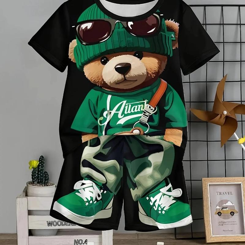 Little Boy Casual Simple Cartoon Fashion Handsome Cool Boy Pattern Short Sleeve Round Neck 2-piece Suit Suitable for Summer