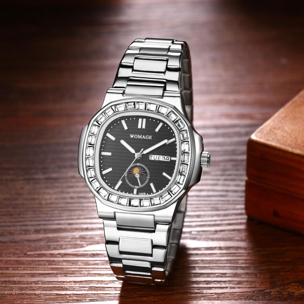 Часы с бриллиантами из нержавеющей стали с аналоговым календарем, кварцевые часы, водонепроницаемые, модные аксессуары, подарок на день рождения, годовщину, Рождество