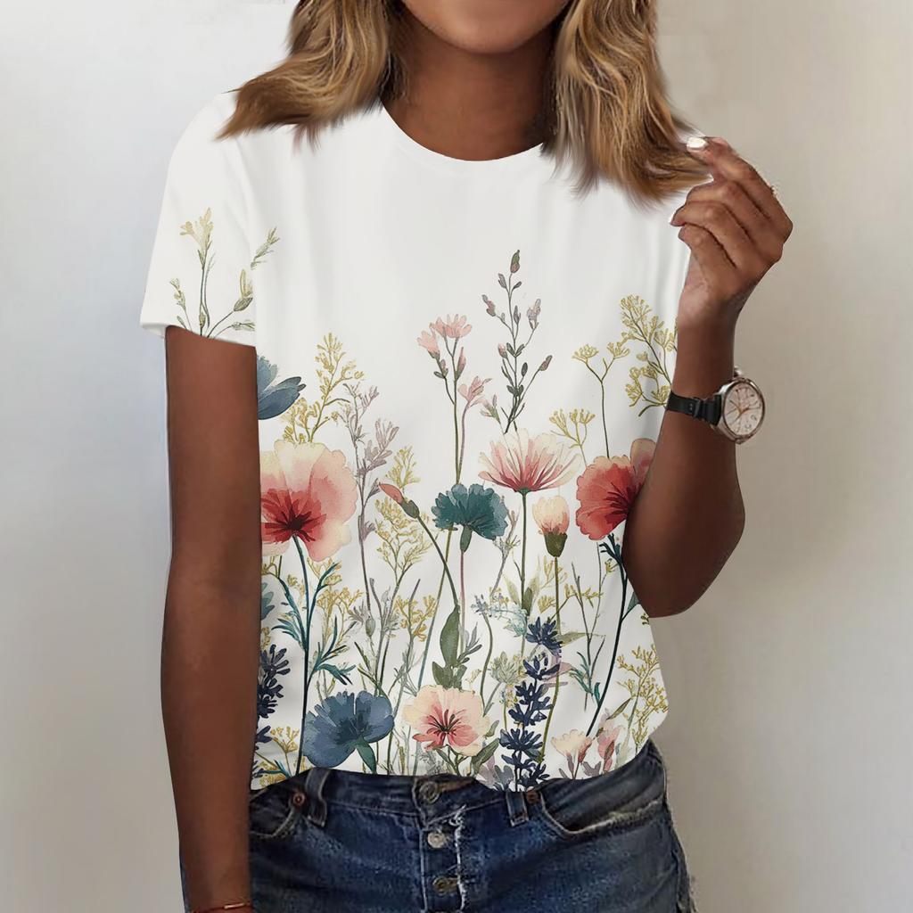 Women's Fashion Casual Printed Round Neck Short Sleeved T-Shirt Top T-Shirt Top Top