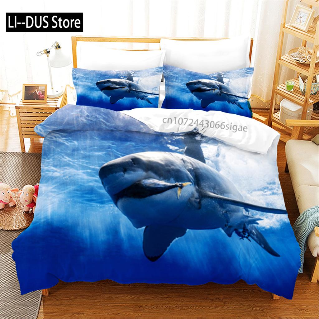 3D Blue Ocean Sharks Duvet Cover With Pillow Cover Bedding Set Single Double Twin Full Queen King Size Bed Set For Bedroom Decor
