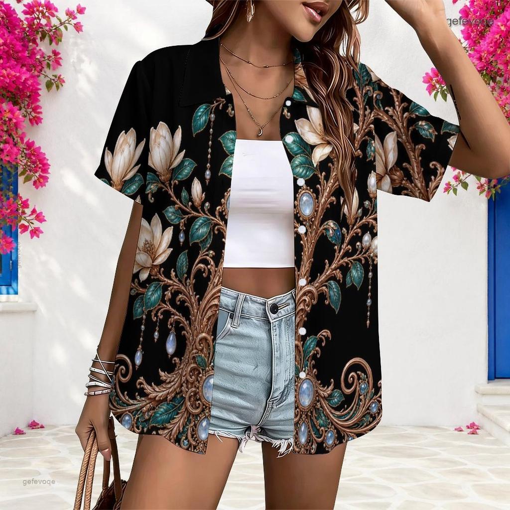 Women Plus Size Short Sleeve Vintage Magnolia Jewel Floral Print Shirt Lapel V Neck White Button Down Casual Loose Blouse Daily Wear Tops