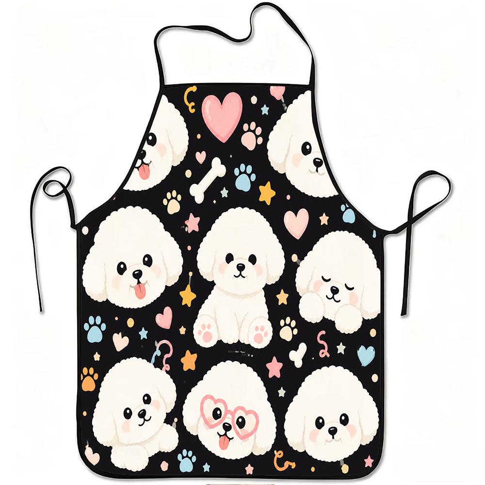 1pc Cute Bichon Dog Cartoon Print Apron, Durable And Easy to Clean, Adjustable Waistband, Polyester Material, for Kitchen Cooking, Gardening, Orchard