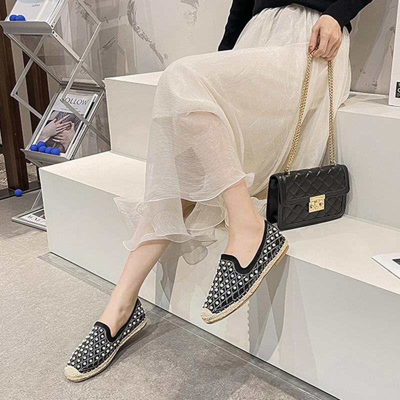 Fashion Women Crystal Pearl Flats Handmade Shoes Hemp Espadrilles Femmes Rubber Loafers Fisherman Trendy Moccasins Oxford Sneakers Woman