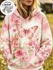 Women Watercolor Bee Wildflower Fleece Hoodie, Vintage Floral Insect Allover Print Casual Hooded Pullover Sweatshirt