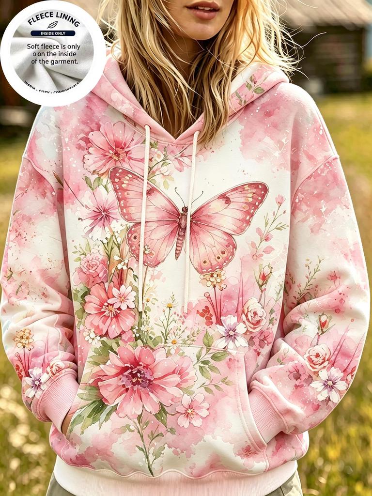 Women Watercolor Bee Wildflower Fleece Hoodie, Vintage Floral Insect Allover Print Casual Hooded Pullover Sweatshirt