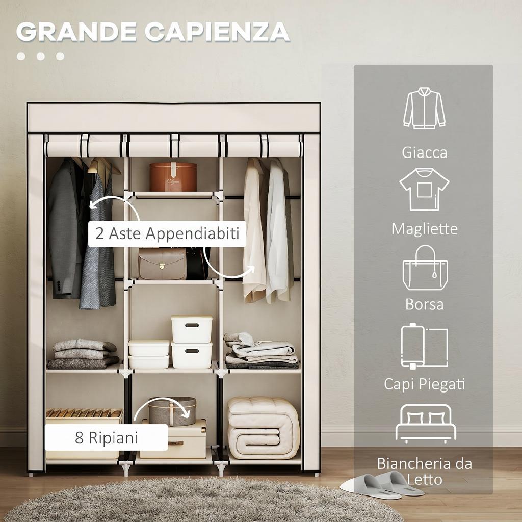 Space-saving wardrobe with raised base. 8 shelves and 2 rods. Cream
