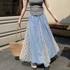 Корейский стиль весна-лето женская юбка миди с высокой талией синяя черная клетчатая вышитая кружевная юбка в стиле пэчворк элегантные женственные женские юбки