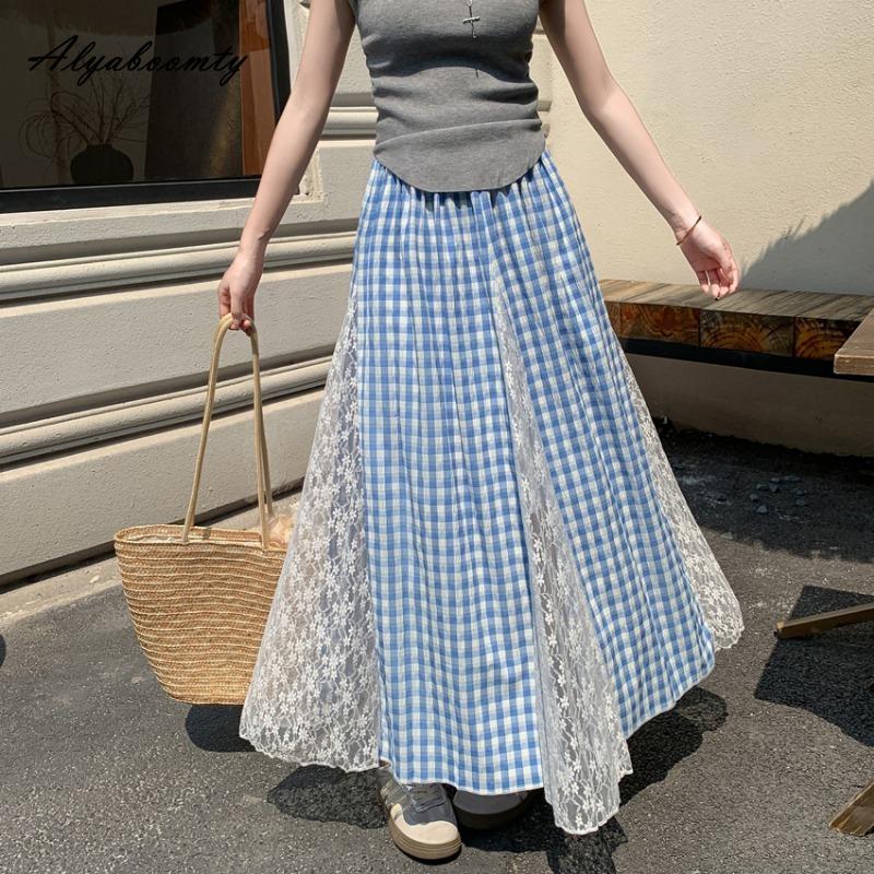 Корейский стиль весна-лето женская юбка миди с высокой талией синяя черная клетчатая вышитая кружевная юбка в стиле пэчворк элегантные женственные женские юбки