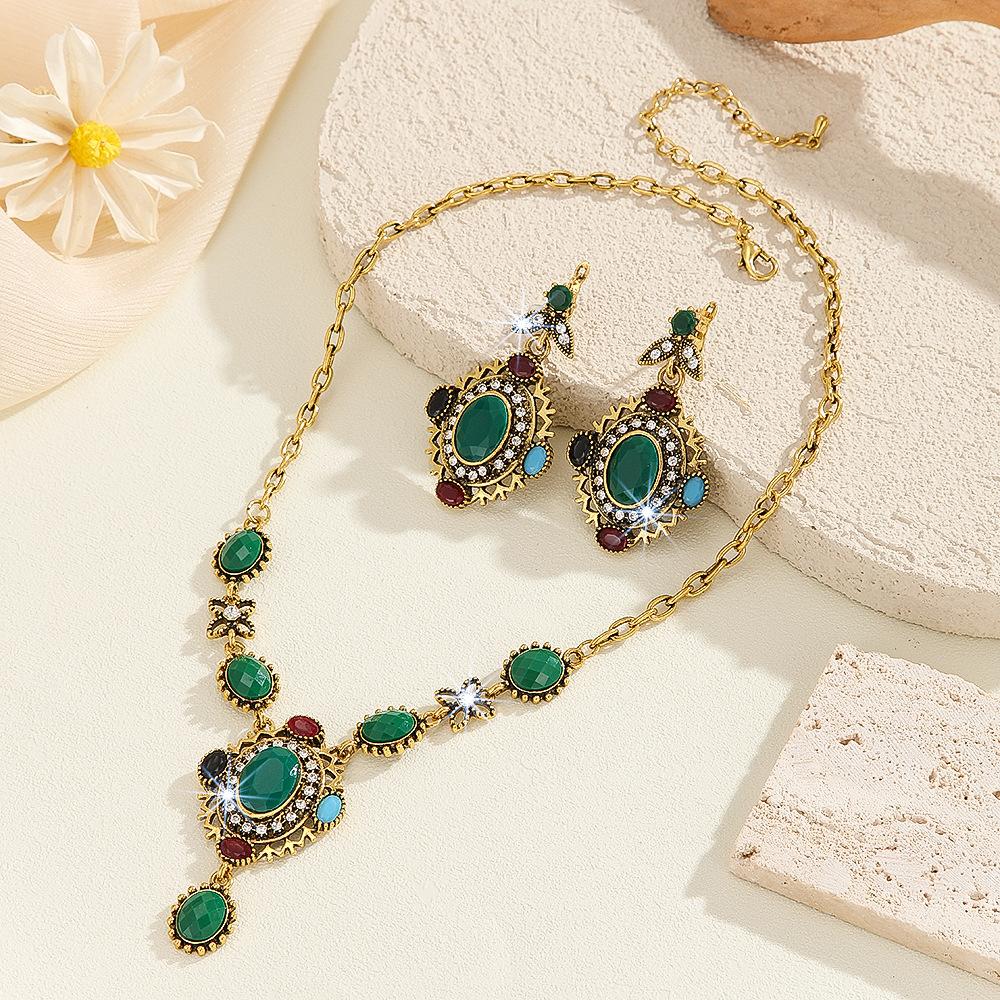 Vintage High-end Bohemian Colored Resin Alloy Necklace Earrings Two-piece Decoration
